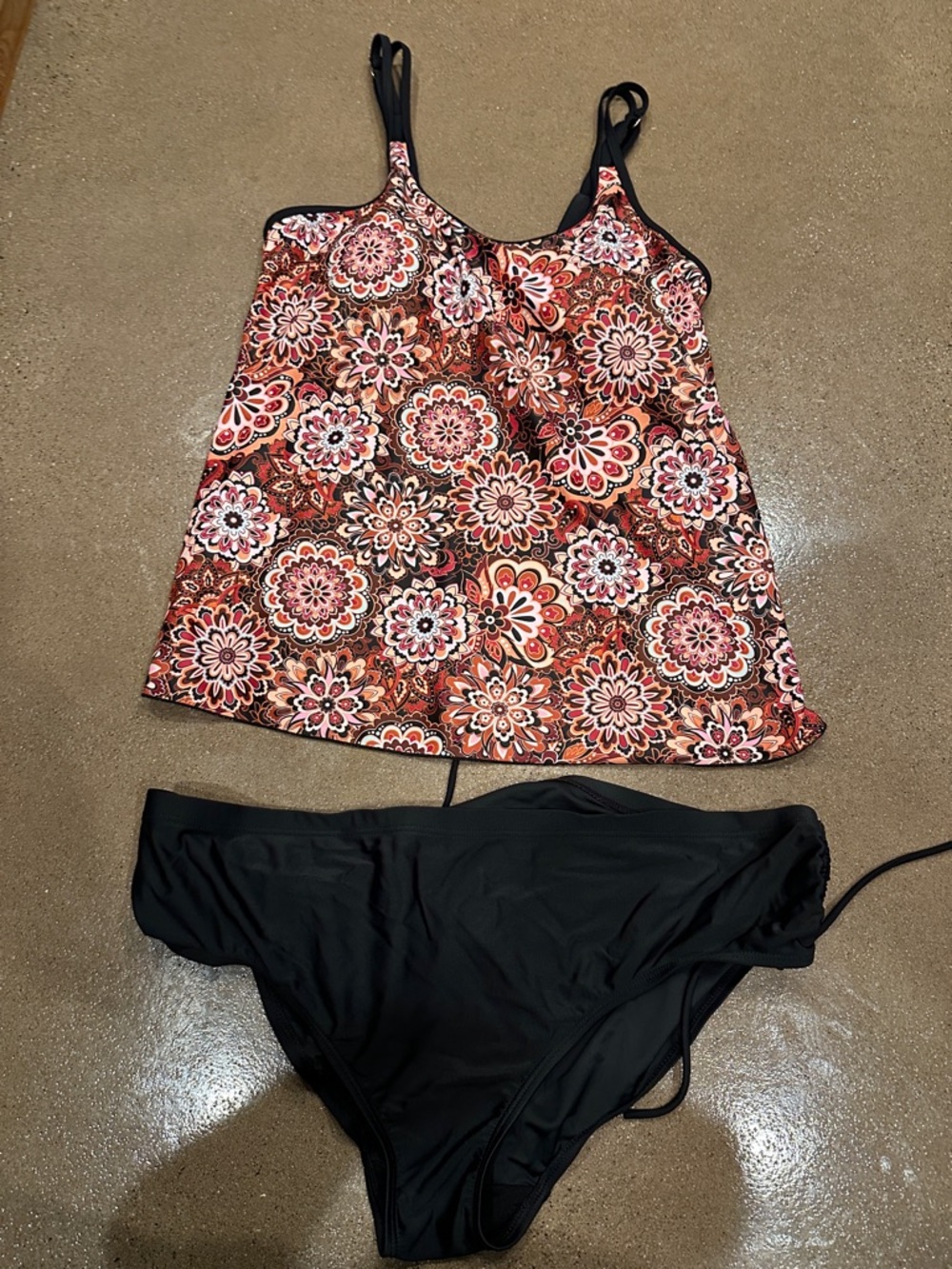 Floral Print Tankini Top with Black Bikini Bottoms